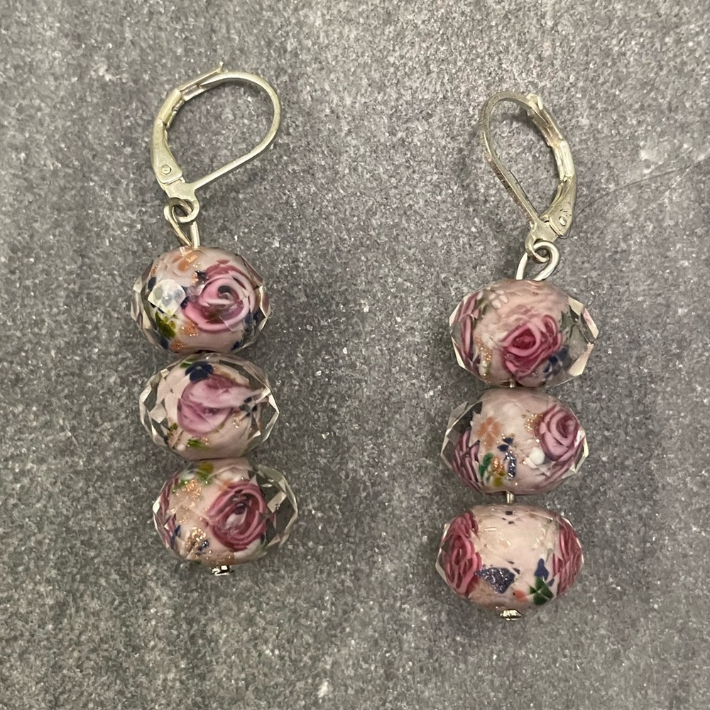 Artisan Pink Floral Glass Bead Drop Earrings